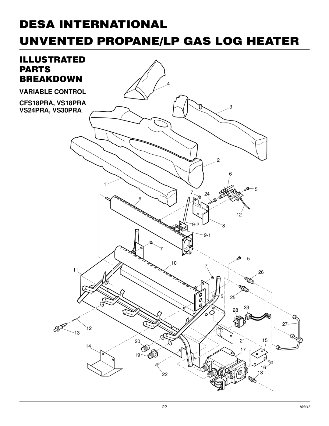 Desa installation manual Illustrated Parts Breakdown, Variable Control CFS18PRA, VS18PRA VS24PRA, VS30PRA 