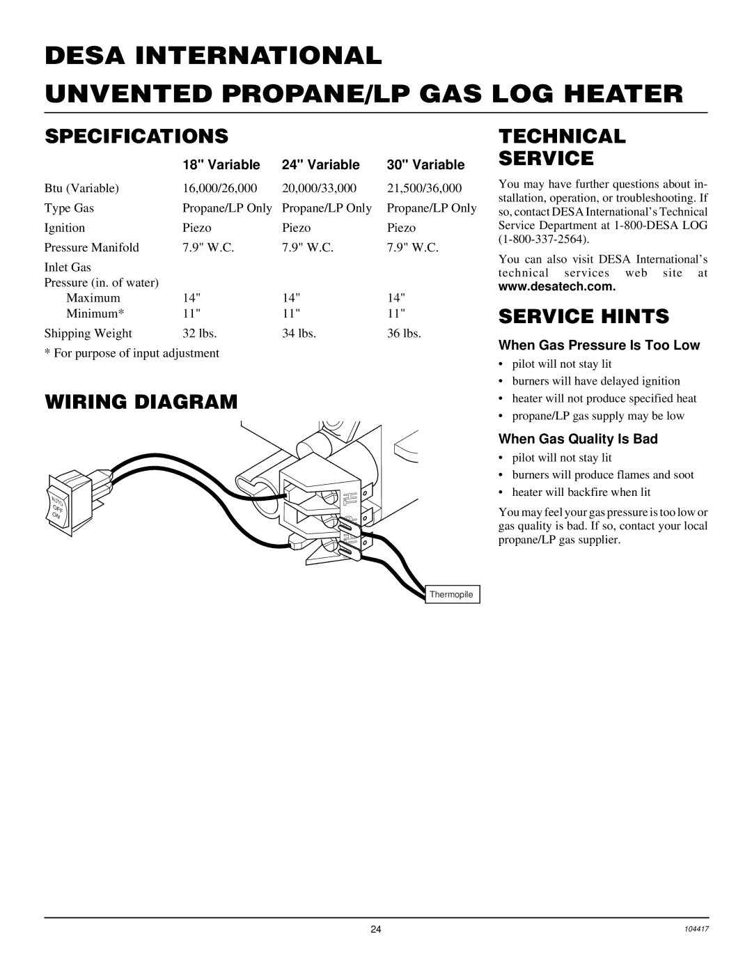 Desa CFS18PRA, VS24PRA, VS30PRA, VS18PRA installation manual Specifications, Wiring Diagram, Technical Service, Service Hints 