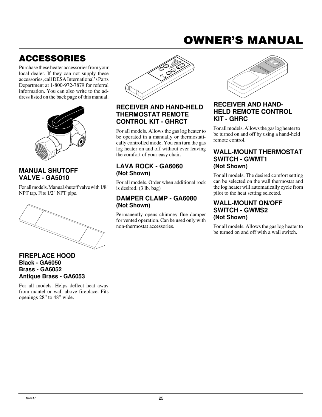 Desa VS24PRA, CFS18PRA, VS30PRA, VS18PRA installation manual Accessories 