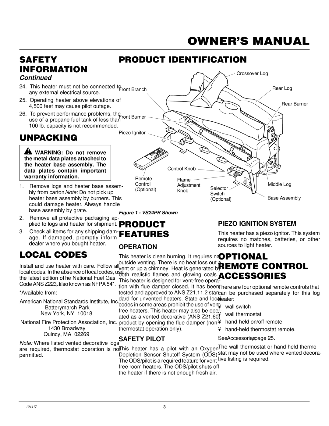 Desa VS18PRA Unpacking, Product Identification, Local Codes, Product Features, Optional Remote Control Accessories 