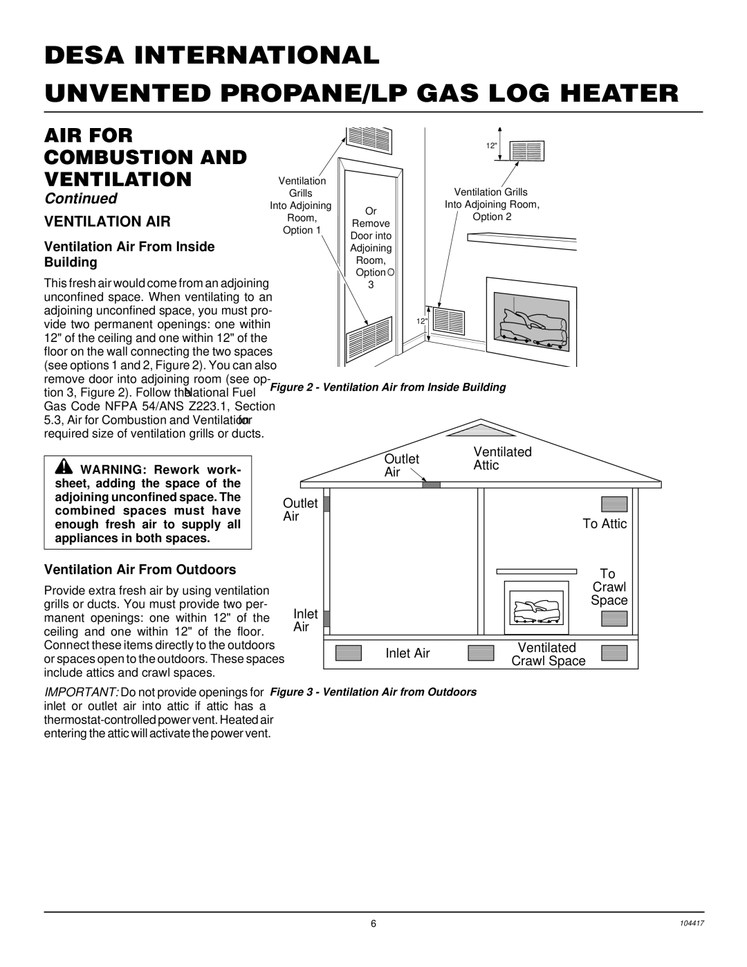 Desa VS30PRA, CFS18PRA, VS24PRA Ventilation AIR, Ventilation Air From Inside Building, Ventilation Air From Outdoors 