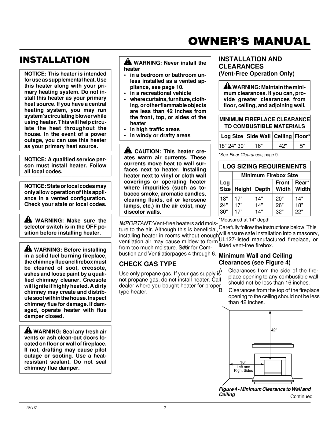 Desa VS18PRA, CFS18PRA, VS24PRA, VS30PRA Check GAS Type, Installation Clearances, Vent-Free Operation Only 