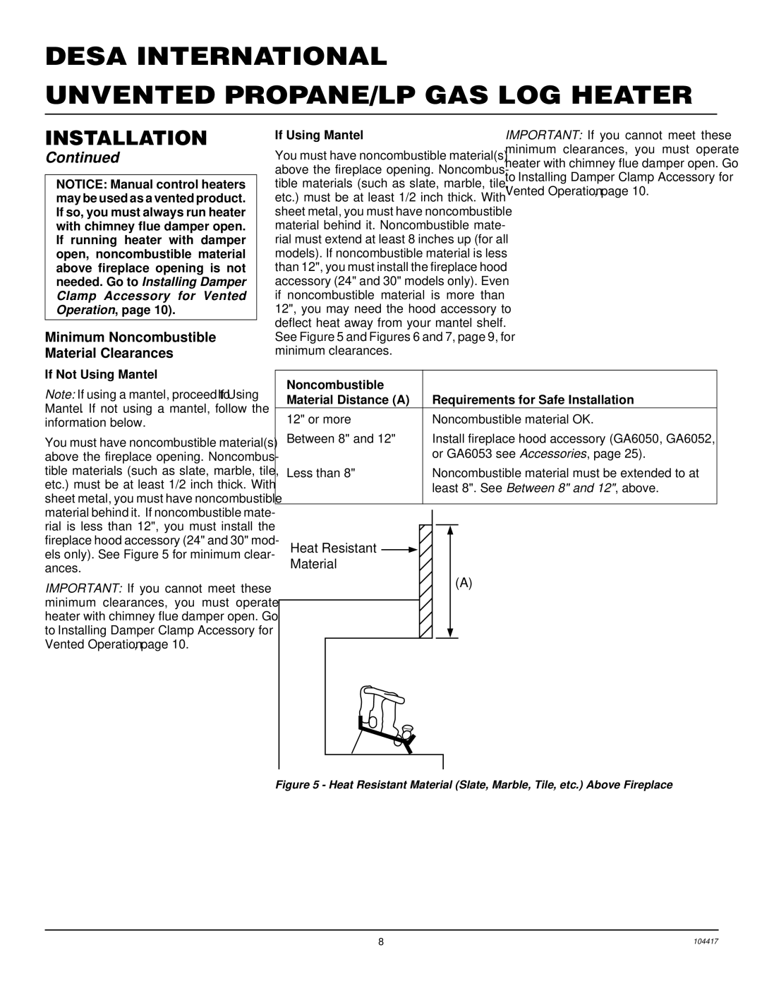 Desa CFS18PRA, VS24PRA, VS30PRA, VS18PRA Minimum Noncombustible Material Clearances, If Not Using Mantel If Using Mantel 