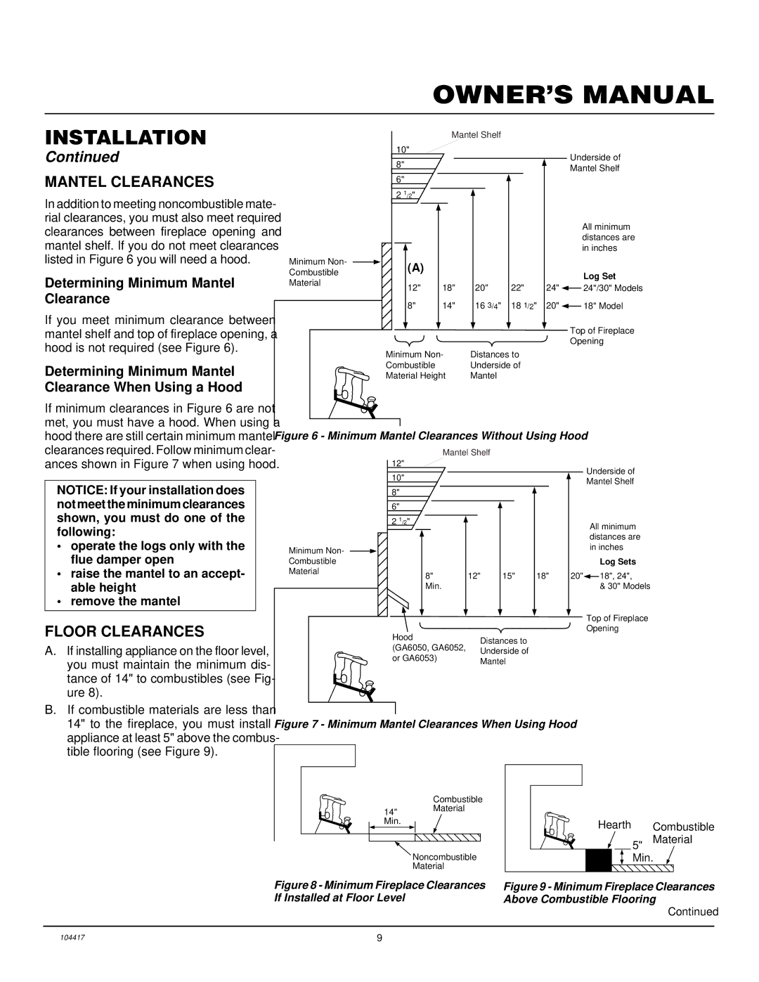 Desa VS24PRA, CFS18PRA, VS30PRA, VS18PRA Mantel Clearances, Floor Clearances, Determining Minimum Mantel Clearance 