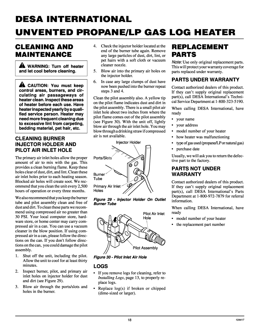 Desa VS30PRA, CFS18PRA Cleaning And Maintenance, Replacement Parts, Logs, Parts Under Warranty, Parts Not Under Warranty 