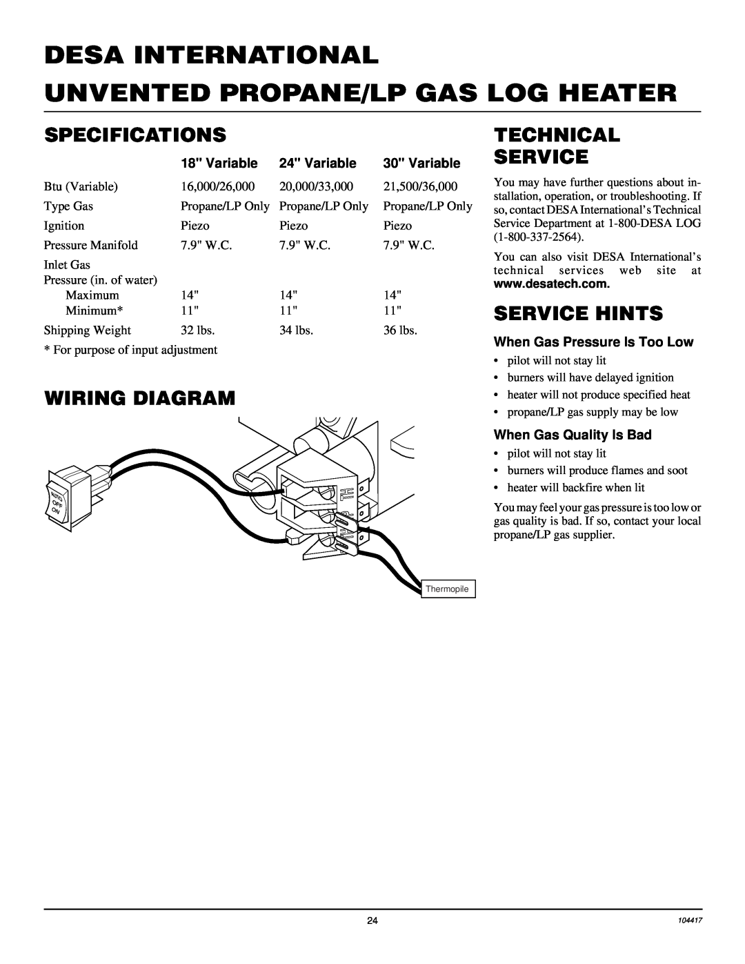 Desa CFS18PRA Specifications, Wiring Diagram, Technical Service, Service Hints, Variable, When Gas Pressure Is Too Low 