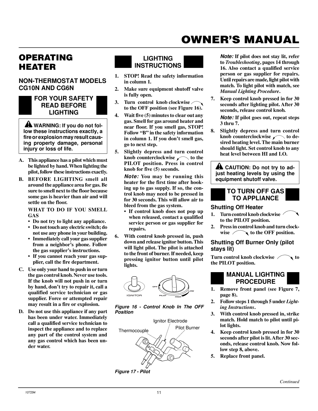 Desa CG10N, CG6N, CGS10N Operating Heater, Lighting Instructions, To Turn OFF GAS To Appliance, Manual Lighting Procedure 