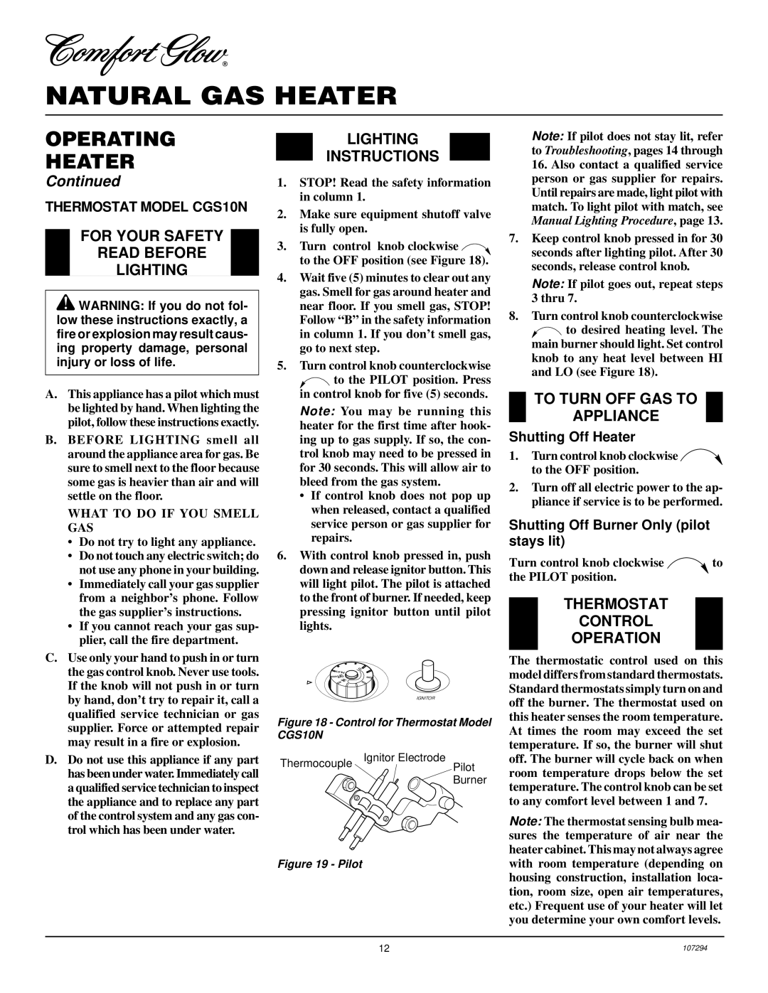 Desa CG6N, CGS10N, CG10N installation manual For Your Safety Read Before Lighting, Thermostat Control Operation 