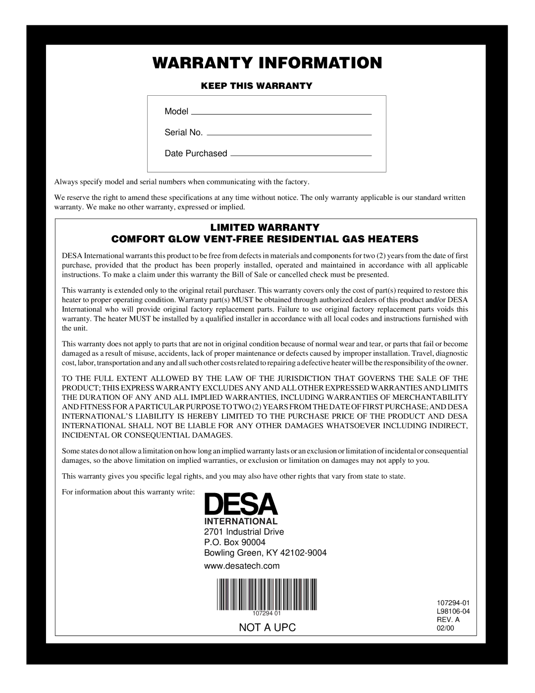 Desa CG10N, CG6N, CGS10N installation manual Warranty Information 