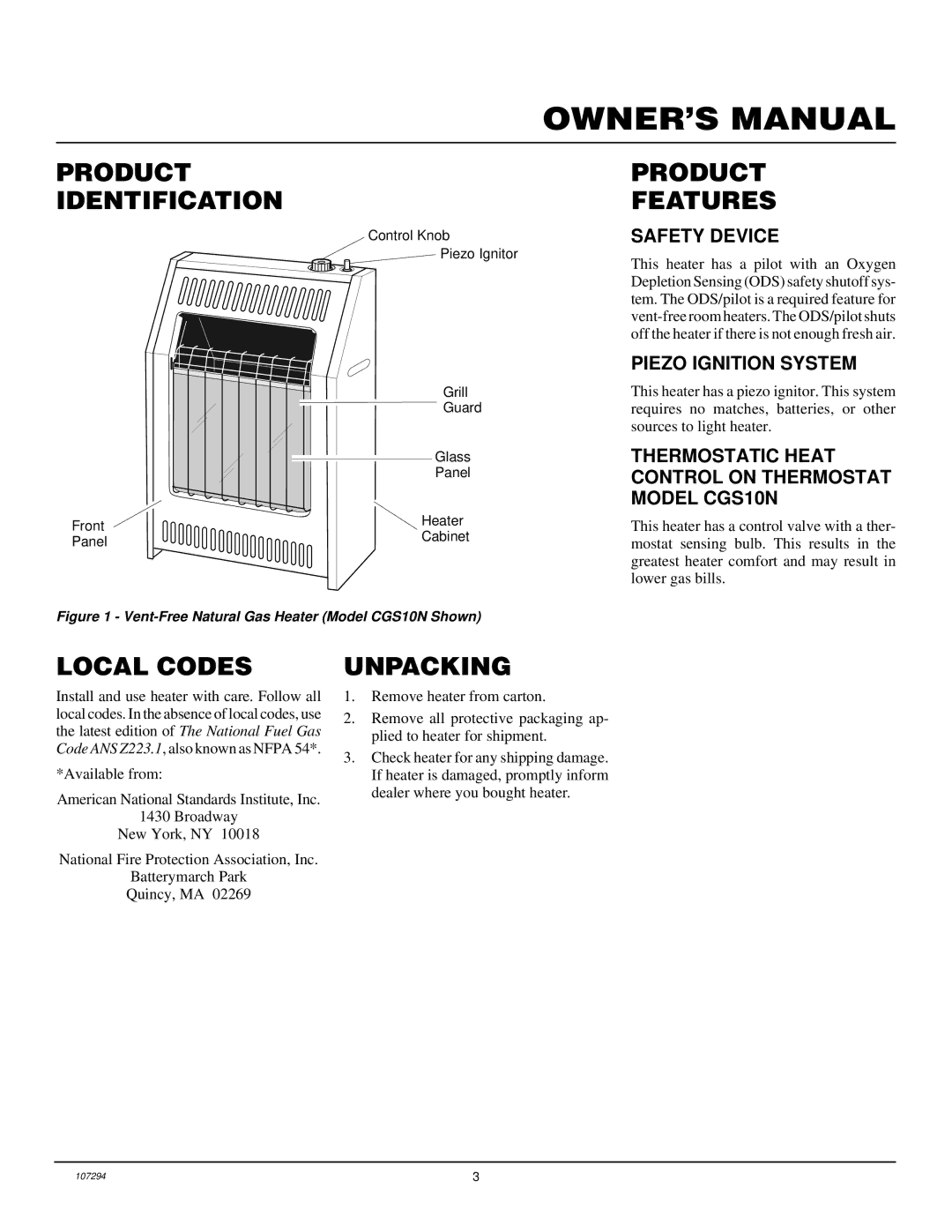 Desa CG6N, CGS10N, CG10N installation manual Product Identification, Product Features, Local Codes, Unpacking 