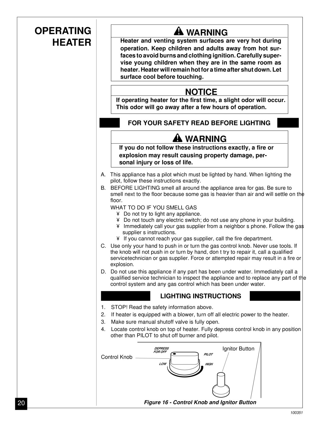 Desa CGB35N, CGB50N installation manual Operating Heater, For Your Safety Read Before Lighting, Lighting Instructions 