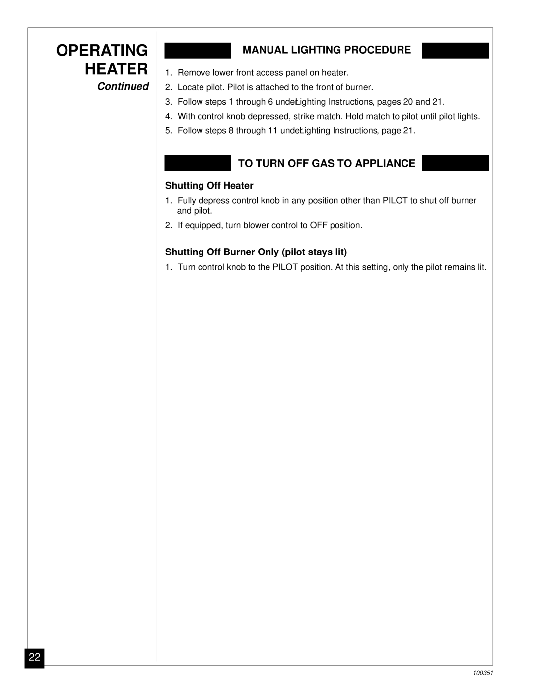 Desa CGB35N, CGB50N installation manual Manual Lighting Procedure, To Turn OFF GAS to Appliance, Shutting Off Heater 