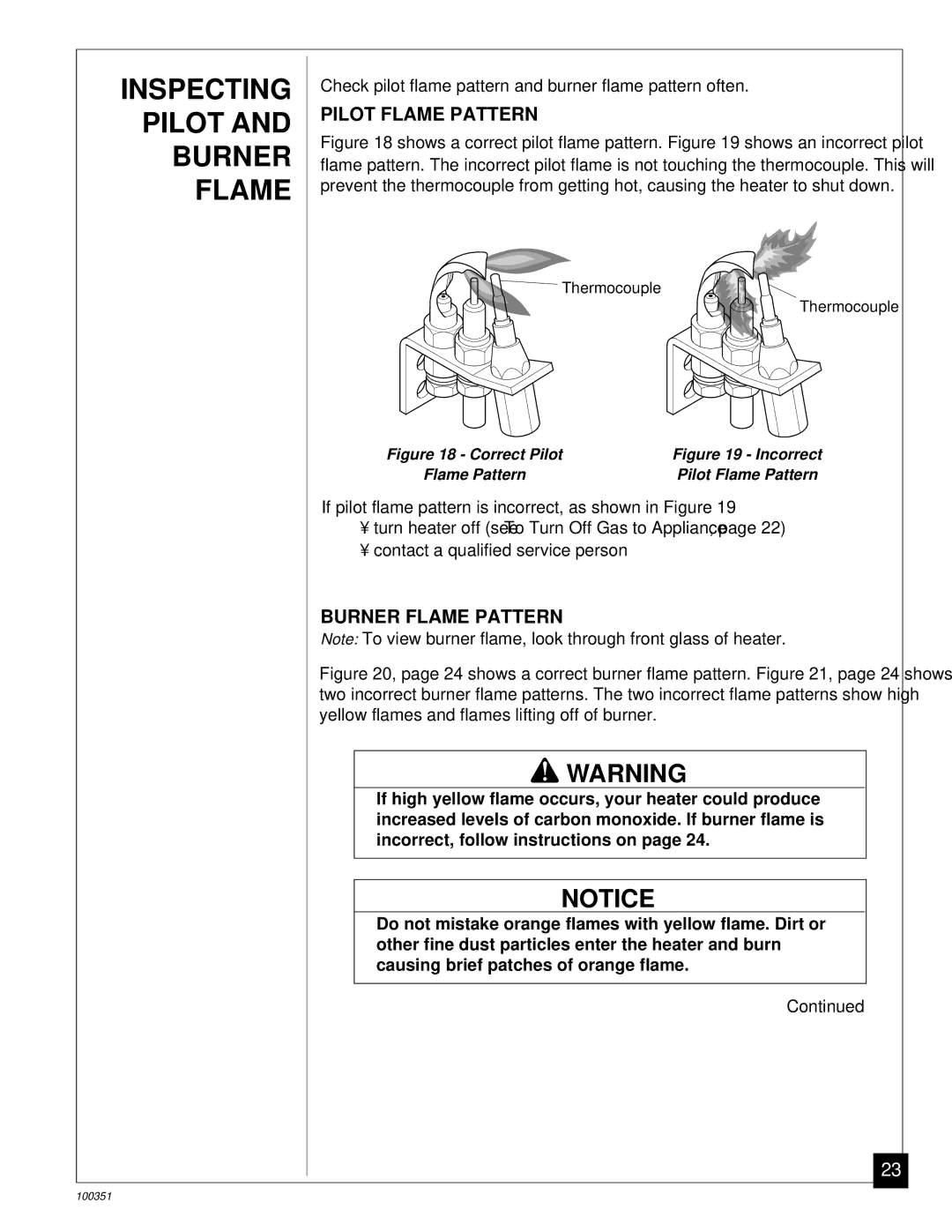 Desa CGB50N, CGB35N installation manual Inspecting Pilot and Burner Flame, Pilot Flame Pattern, Burner Flame Pattern 