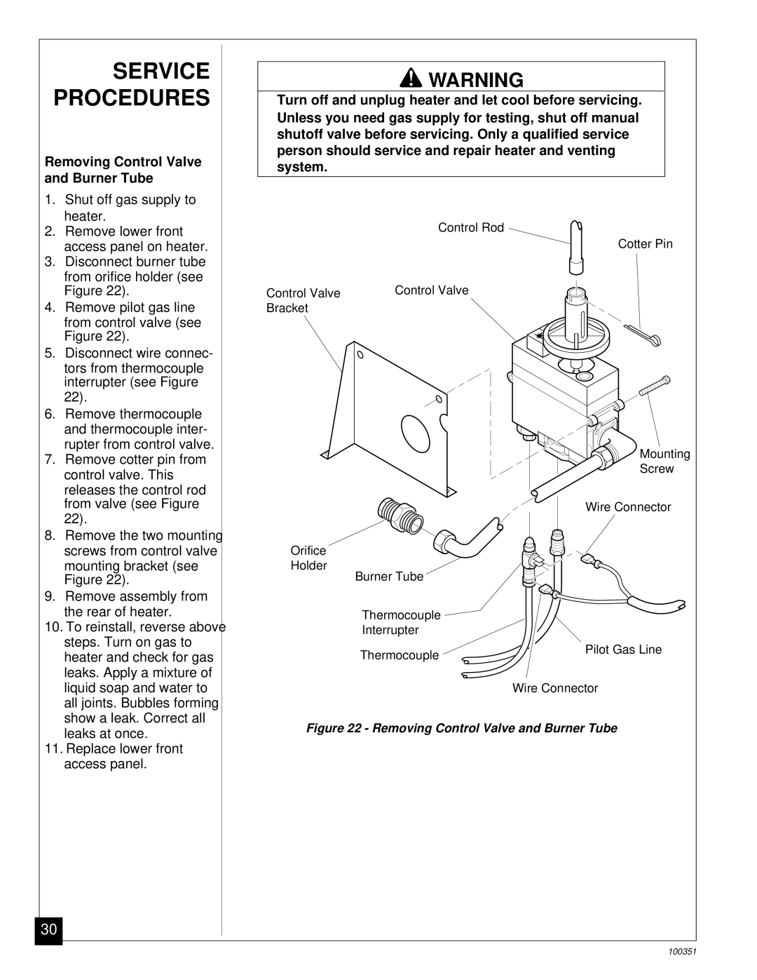 Desa CGB35N, CGB50N installation manual Service Procedures, Removing Control Valve and Burner Tube 