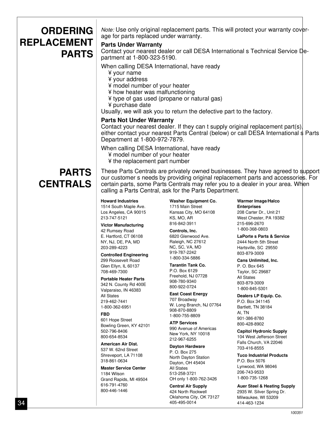 Desa CGB35N, CGB50N installation manual Ordering Replacement Parts Centrals, Parts Under Warranty, Parts Not Under Warranty 