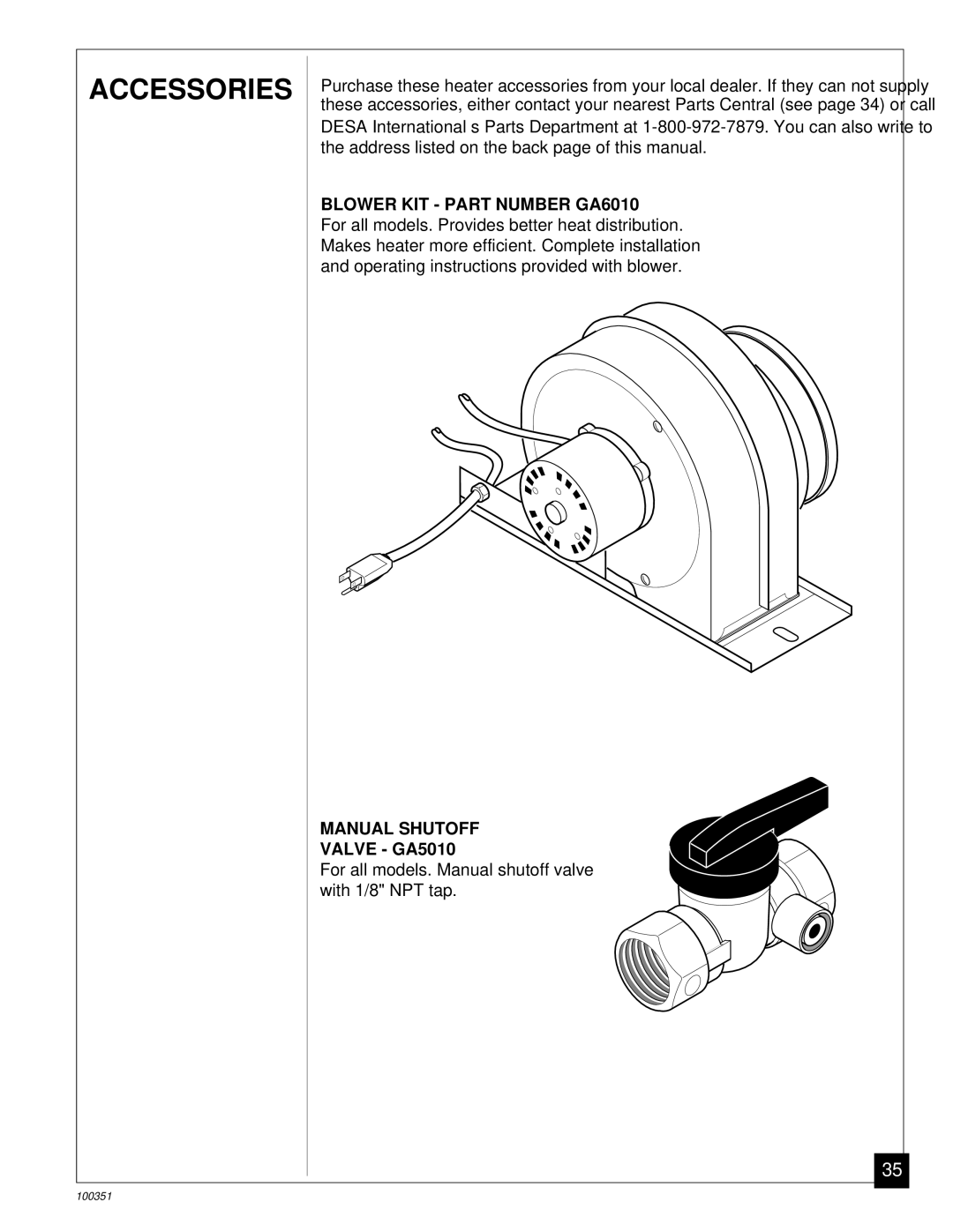 Desa CGB50N, CGB35N installation manual Accessories, Valve GA5010 