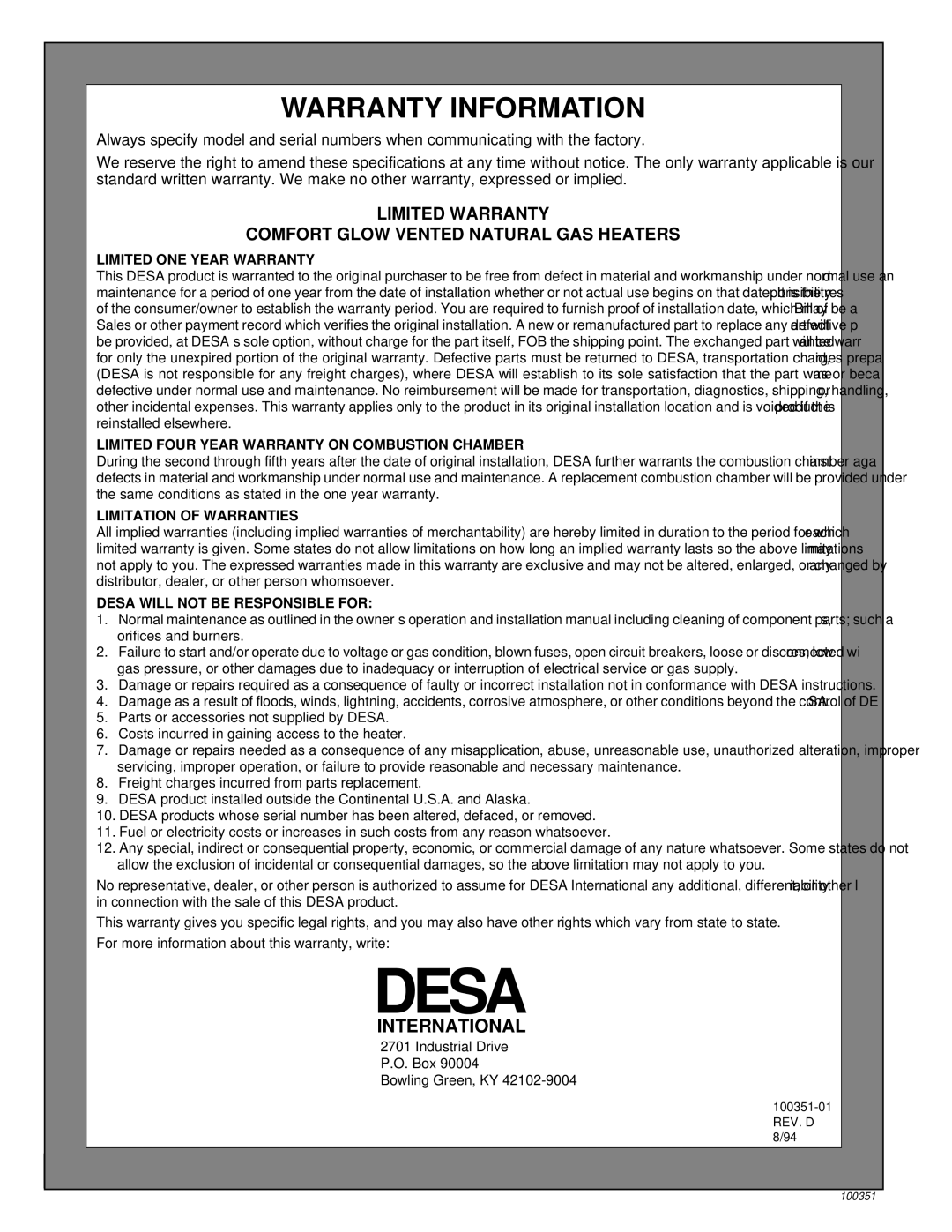 Desa CGB35N, CGB50N installation manual Warranty Information, International 