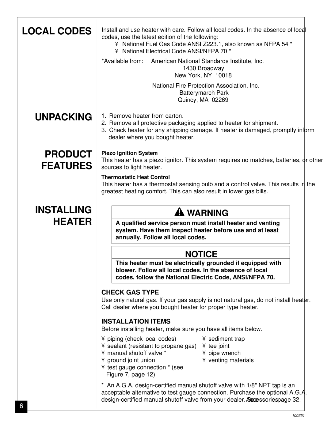 Desa CGB35N, CGB50N installation manual Local Codes Unpacking Product Features, Check GAS Type, Installation Items 