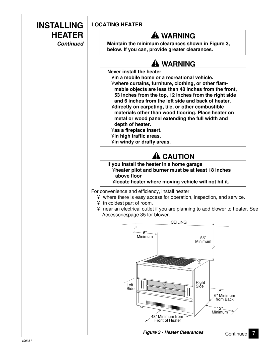 Desa CGB50N, CGB35N installation manual Locating Heater, Heater Clearances 