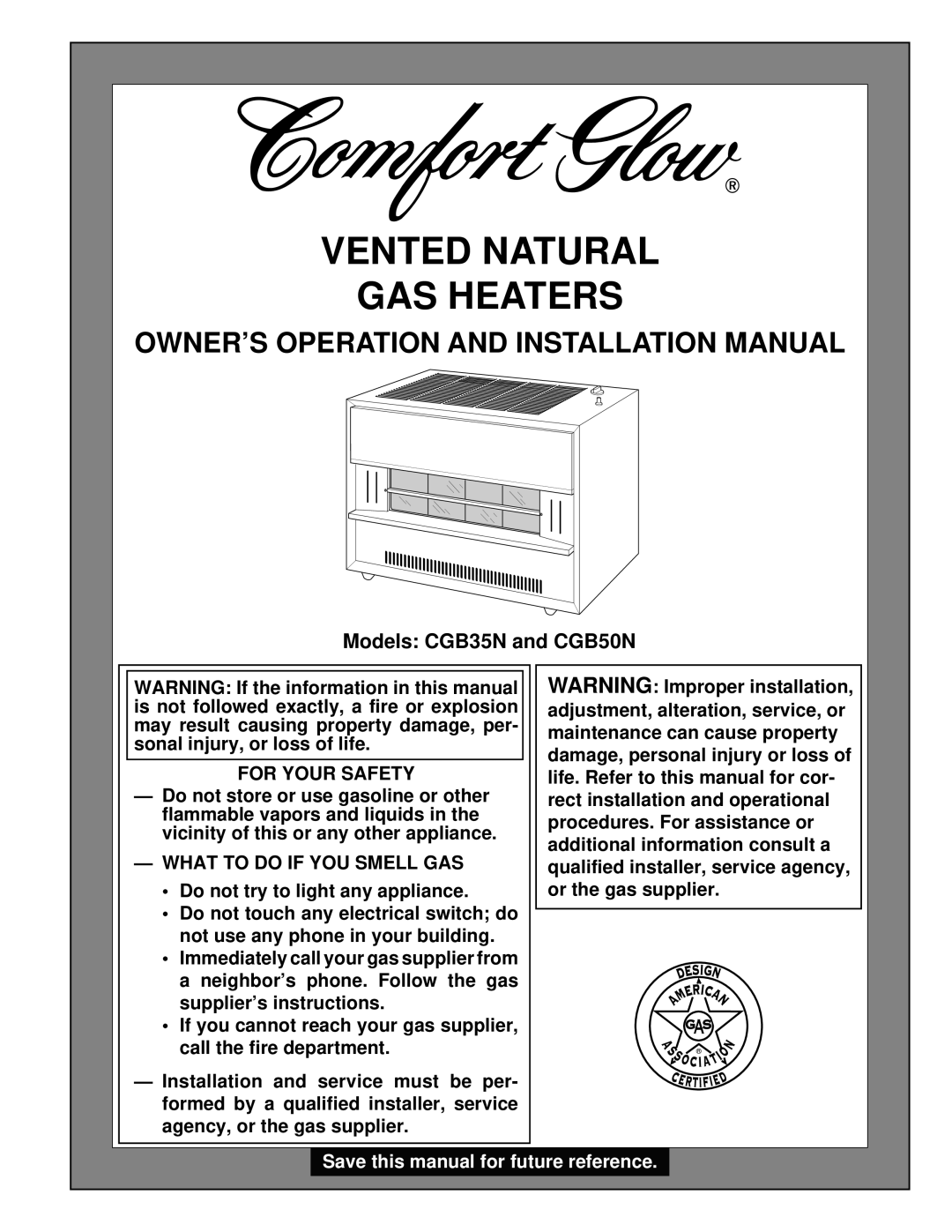 Desa CGB50N, CGB35N installation manual Owner’S Operation And Installation Manual, Vented Natural Gas Heaters 