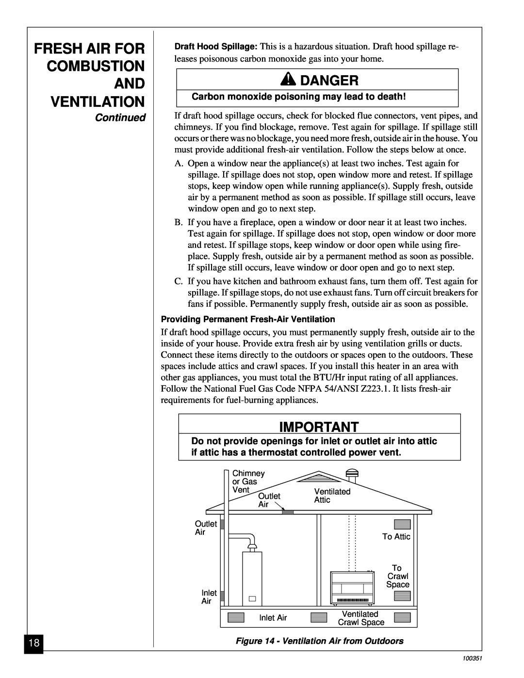 Desa CGB35N Fresh Air For Combustion And Ventilation, Danger, Continued, Carbon monoxide poisoning may lead to death 