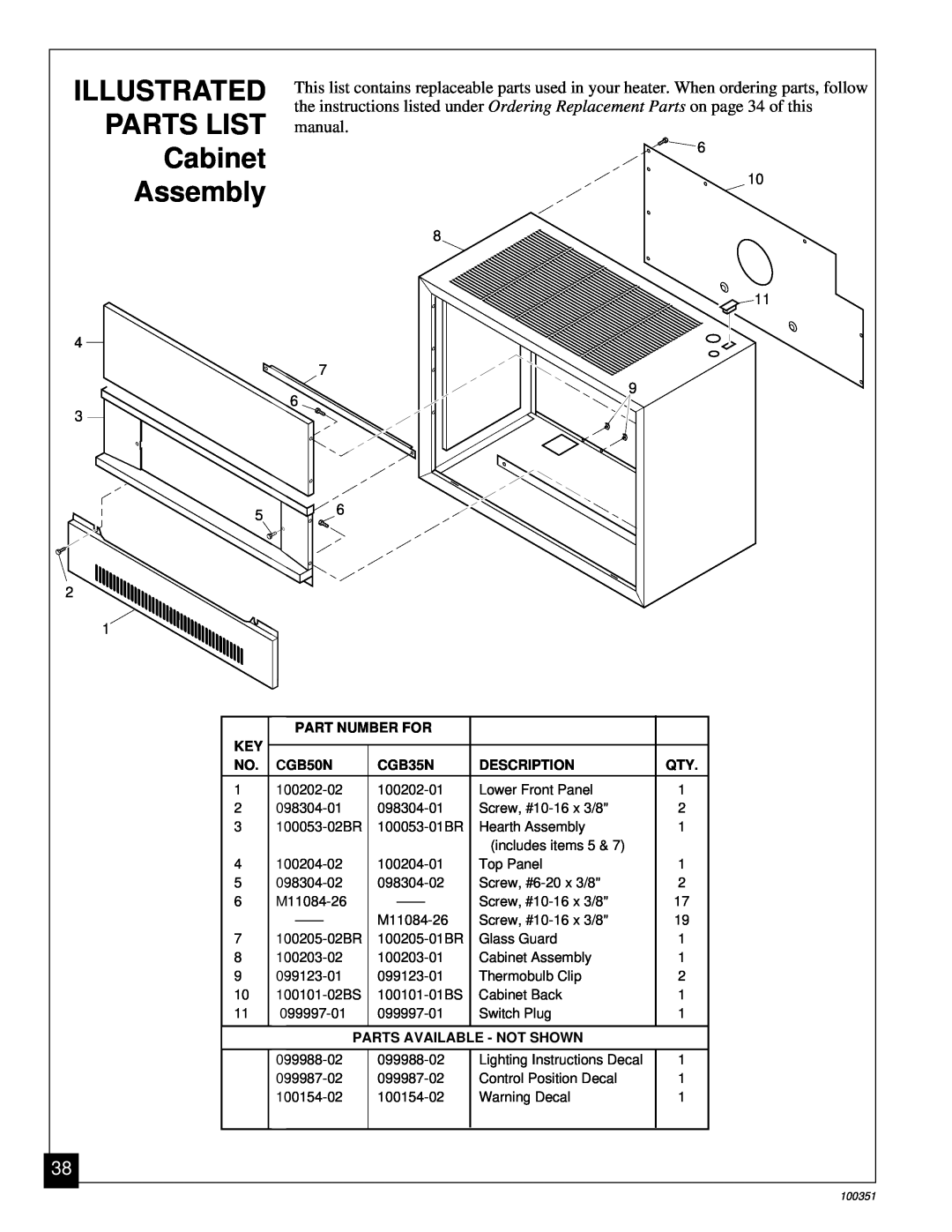 Desa CGB35N ILLUSTRATED PARTS LIST Cabinet Assembly, Part Number For, CGB50N, Description, Parts Available - Not Shown 