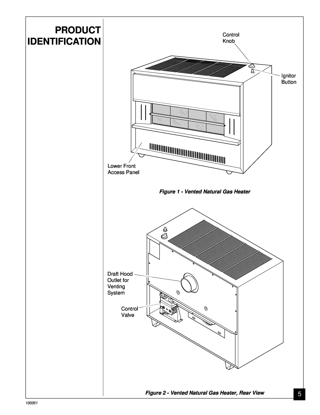 Desa CGB50N, CGB35N installation manual Product Identification, Vented Natural Gas Heater, Rear View, 100351 