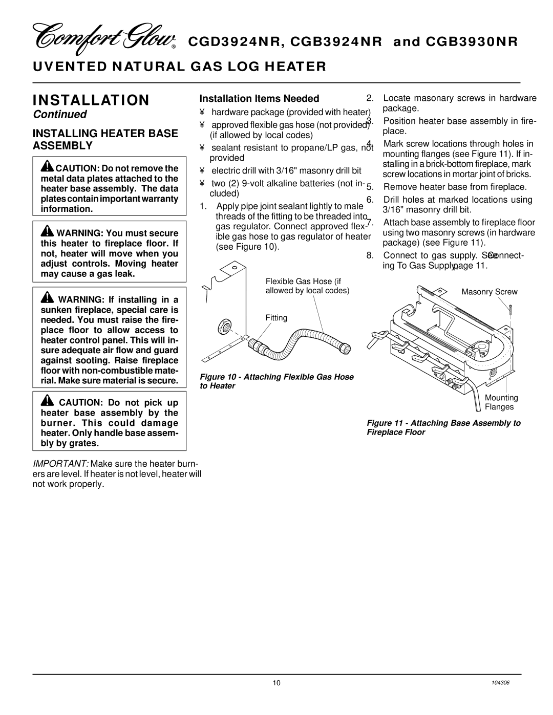 Desa CGB3930NR, CGB3924NR installation manual Installing Heater Base Assembly, Installation Items Needed 