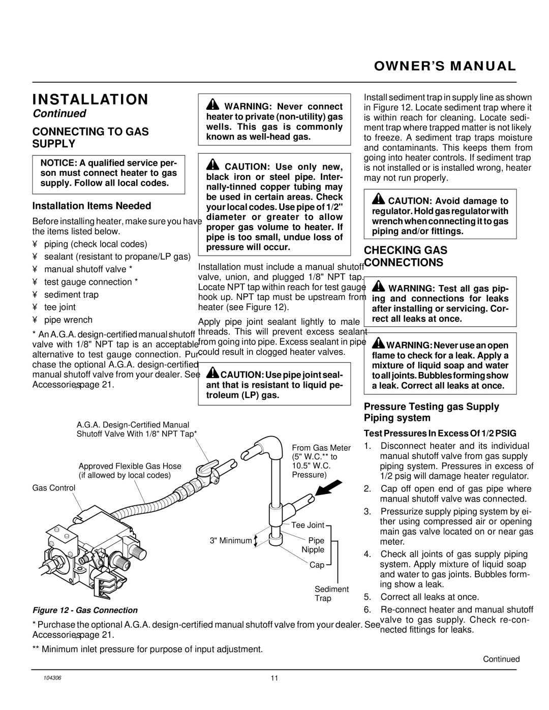 Desa CGB3924NR, CGB3930NR Connecting to GAS Supply, Checking GAS Connections, Pressure Testing gas Supply Piping system 