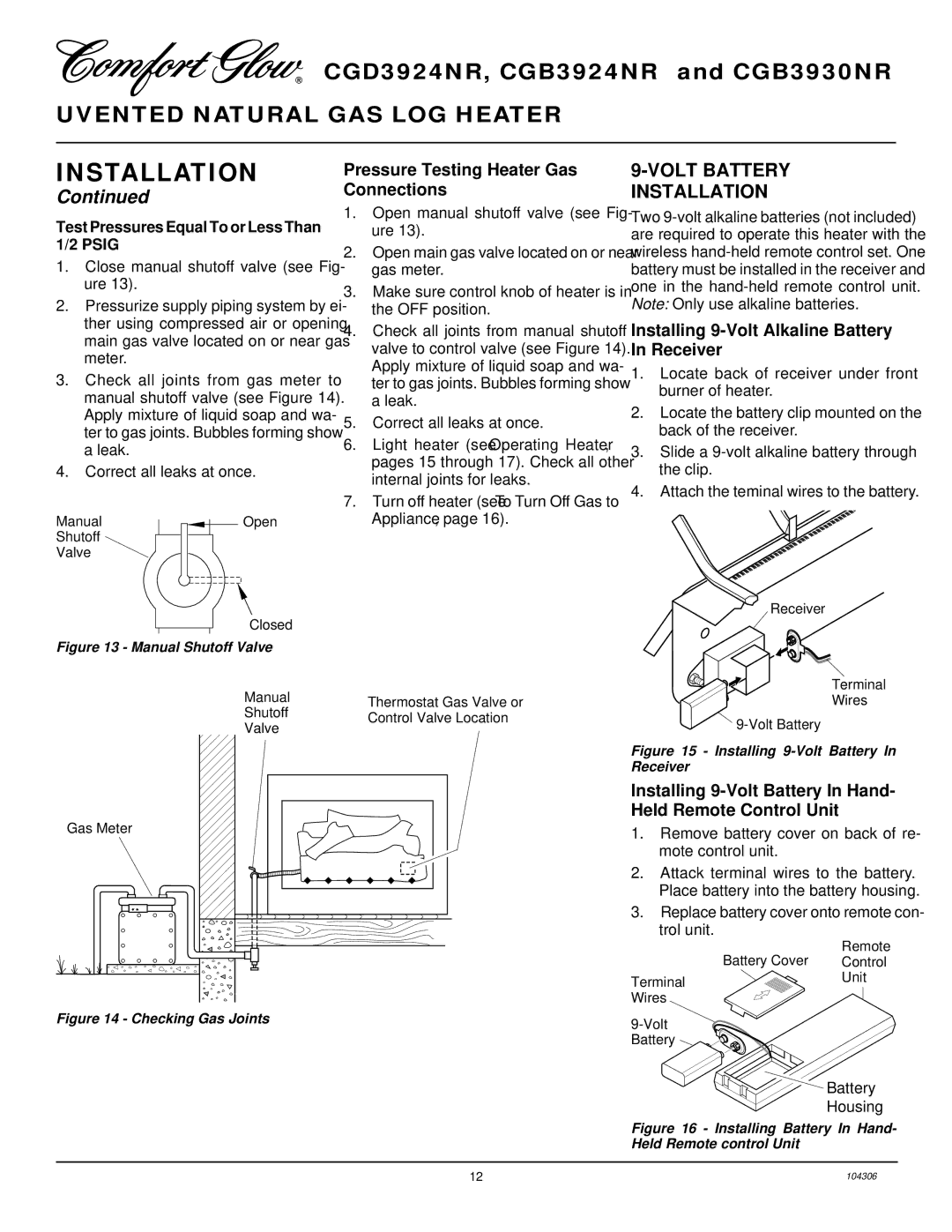 Desa CGB3930NR, CGB3924NR installation manual Volt Battery Installation, Pressure Testing Heater Gas Connections 