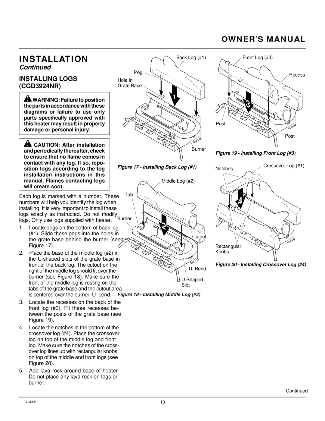 Desa CGB3924NR, CGB3930NR installation manual Installing Logs CGD3924NR, Place the base of the middle log #2 