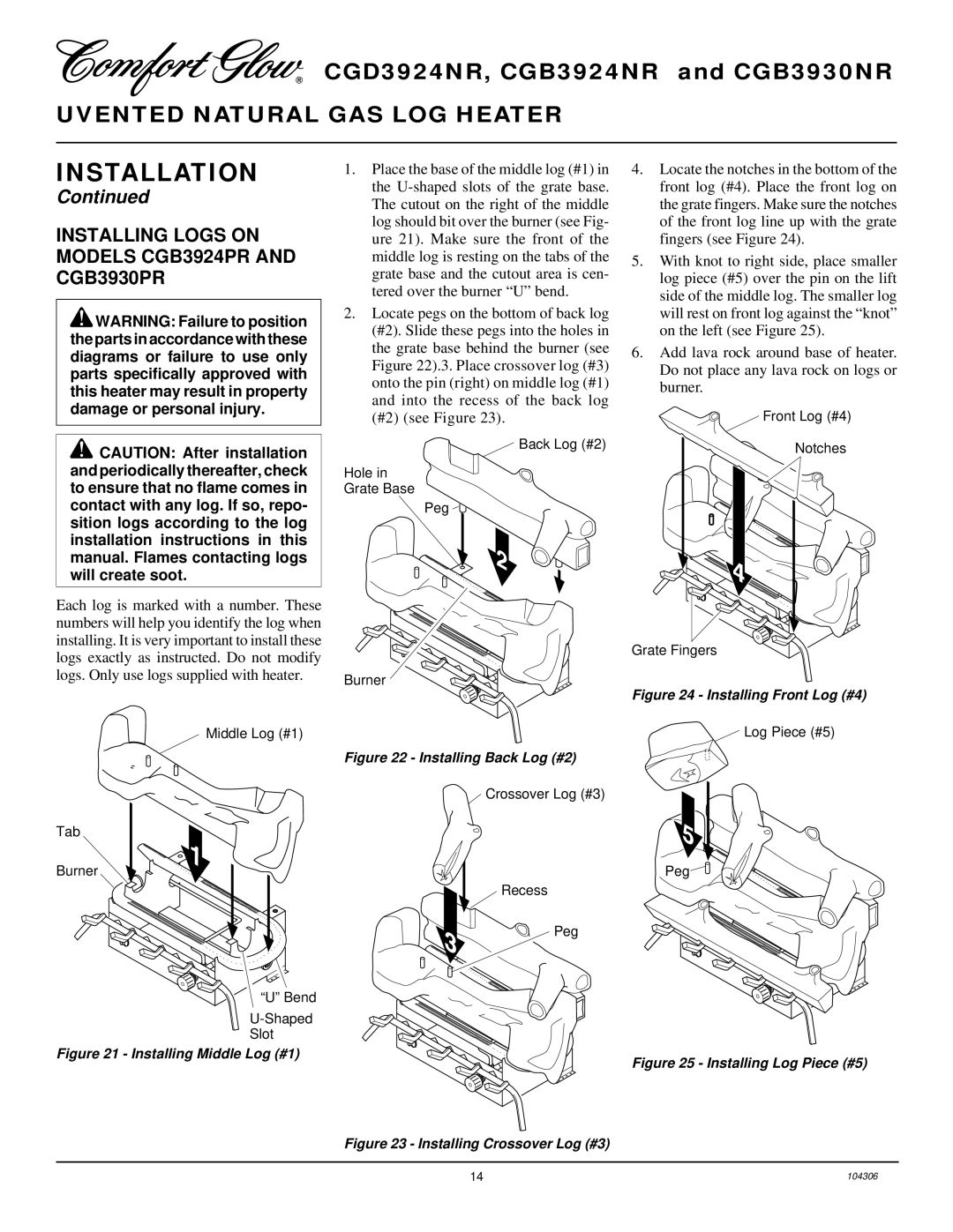 Desa CGB3930NR, CGB3924NR installation manual Installing Logs on Models CGB3924PR and CGB3930PR, Installing Back Log #2 