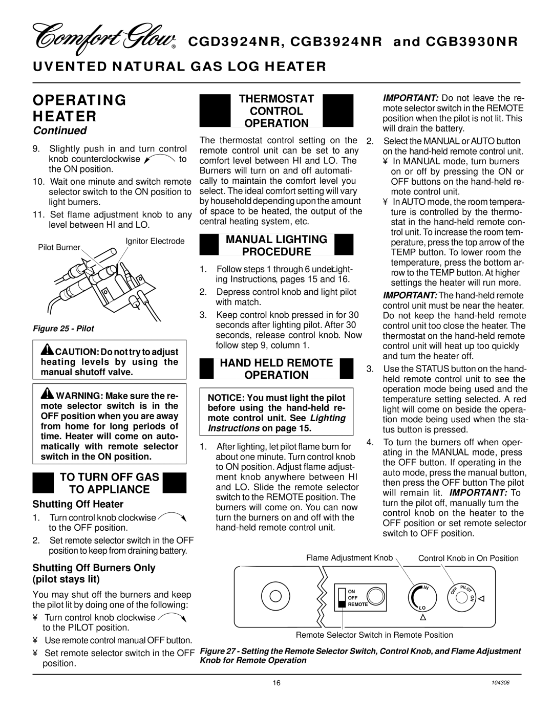 Desa CGB3930NR, CGB3924NR To Turn OFF GAS To Appliance, Thermostat Control Operation, Manual Lighting Procedure 