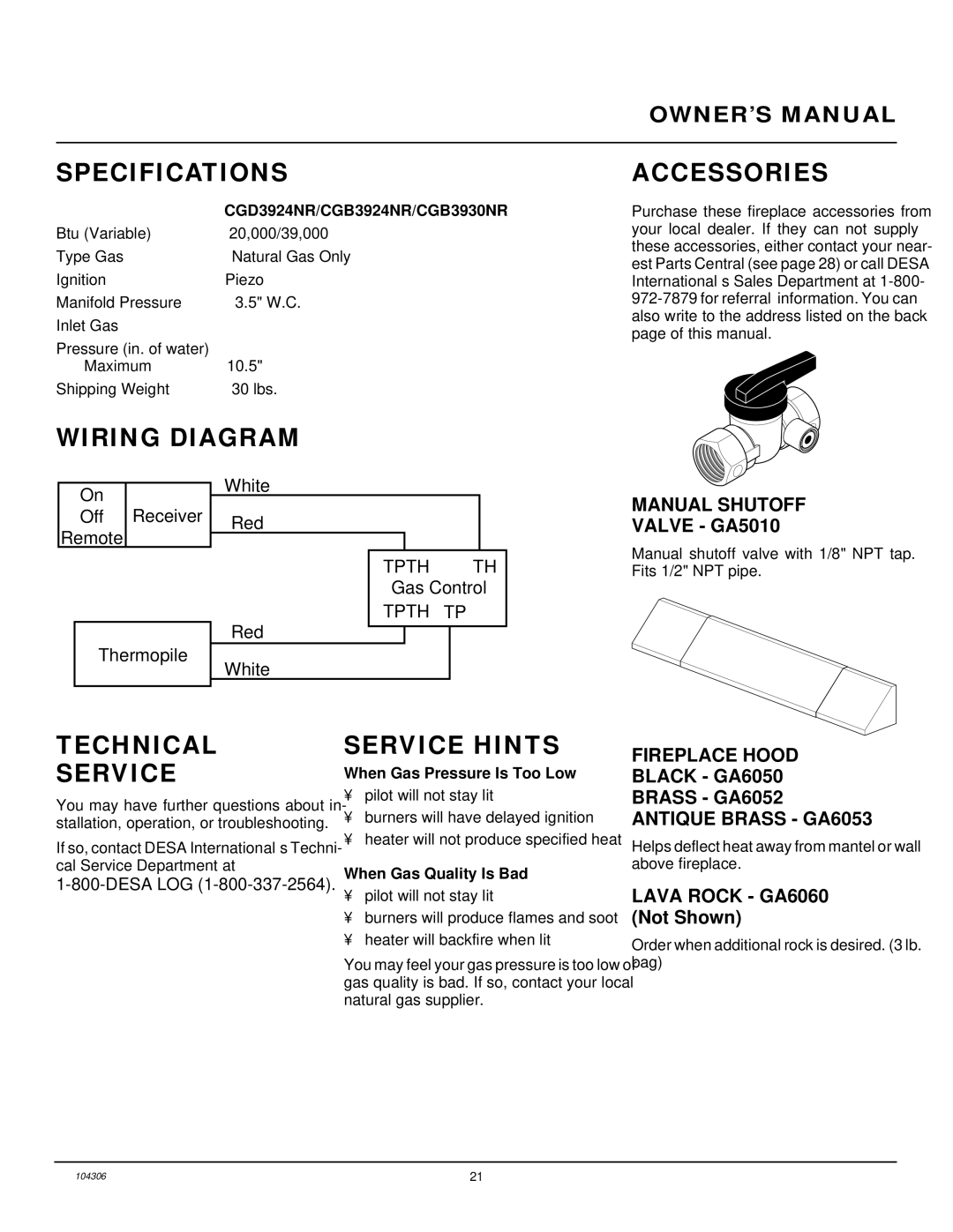 Desa CGB3924NR, CGB3930NR installation manual Specificationsaccessories, Wiring Diagram, Technical Service, Service Hints 