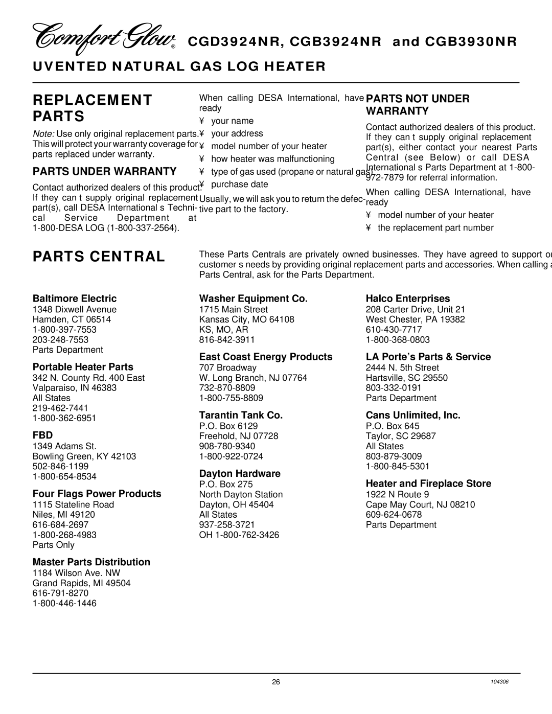 Desa CGB3930NR, CGB3924NR Replacement Parts, Parts Central, Parts Under Warranty, Parts not Under Warranty 