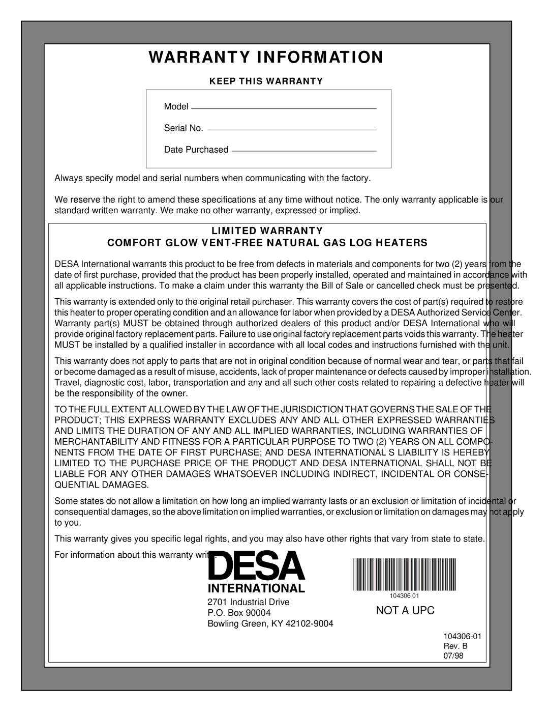 Desa CGB3930NR, CGB3924NR installation manual Warranty Information 