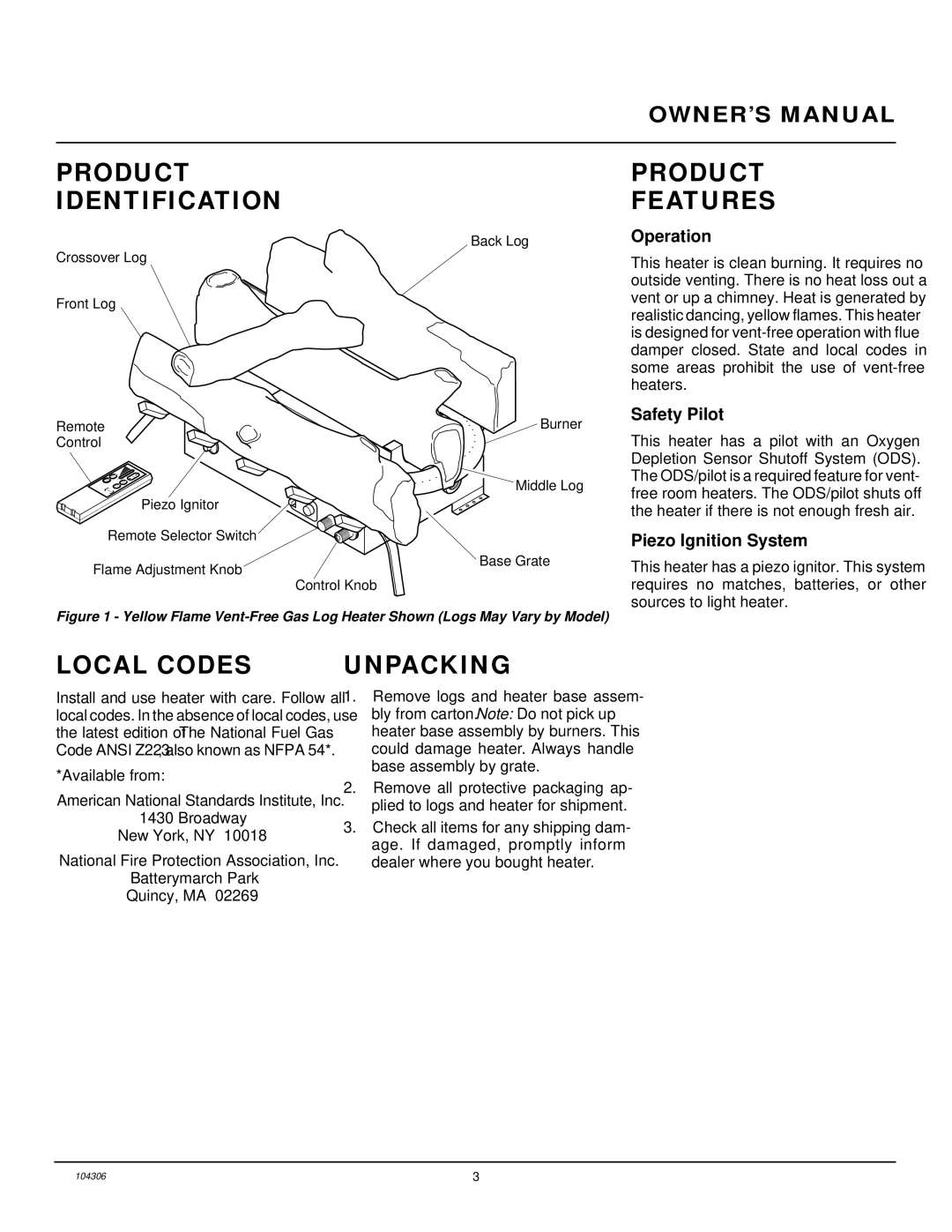 Desa CGB3924NR, CGB3930NR installation manual Product Identification, Product Features, Local Codes, Unpacking 