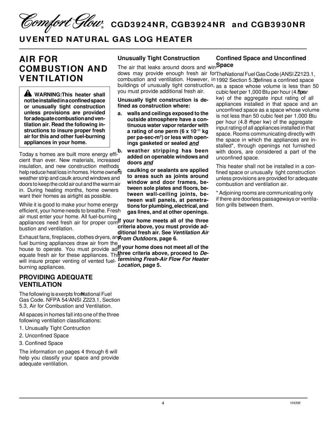 Desa CGB3930NR, CGB3924NR AIR for Combustion and Ventilation, Providing Adequate Ventilation, Unusually Tight Construction 