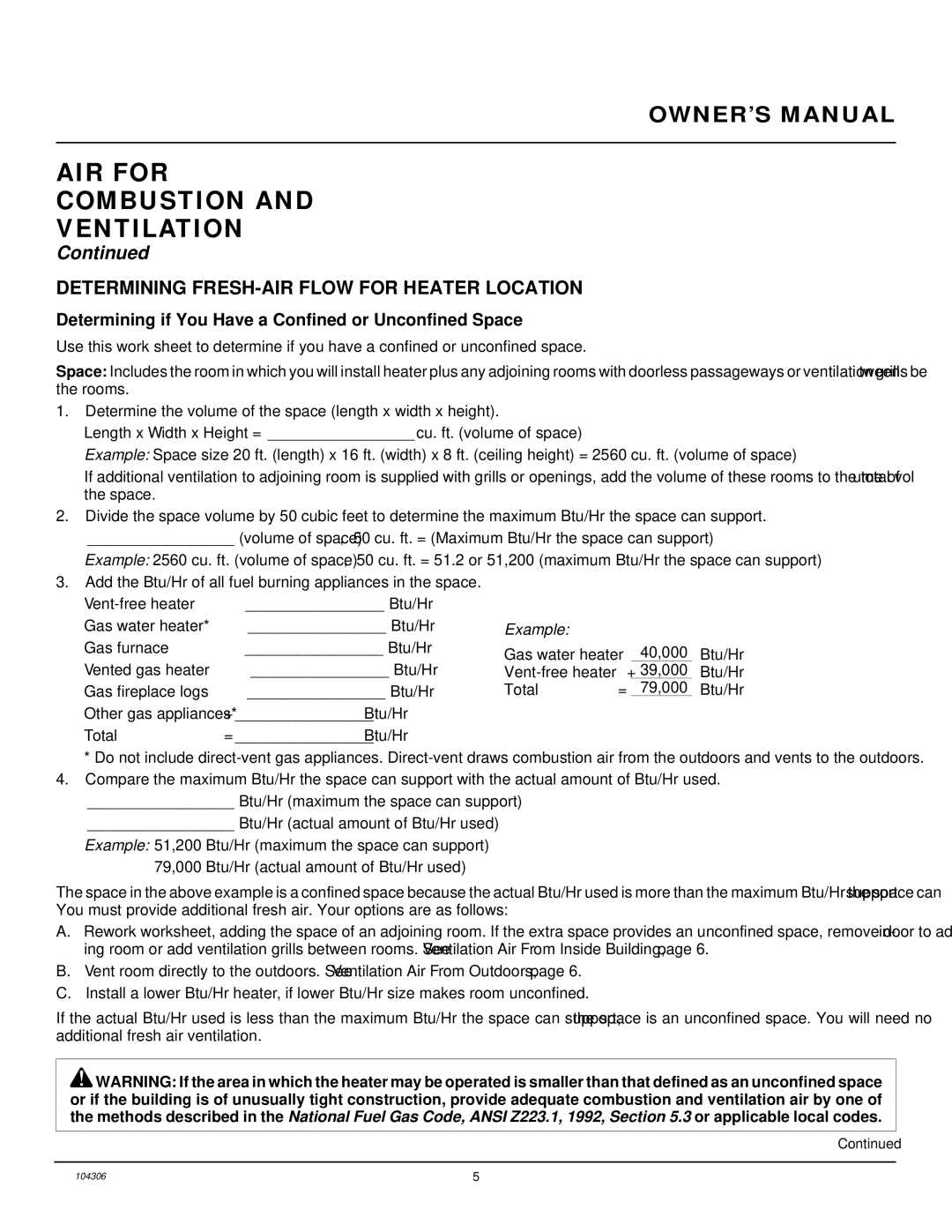 Desa CGB3924NR, CGB3930NR installation manual AIR for Combustion Ventilation, Determining FRESH-AIR Flow for Heater Location 