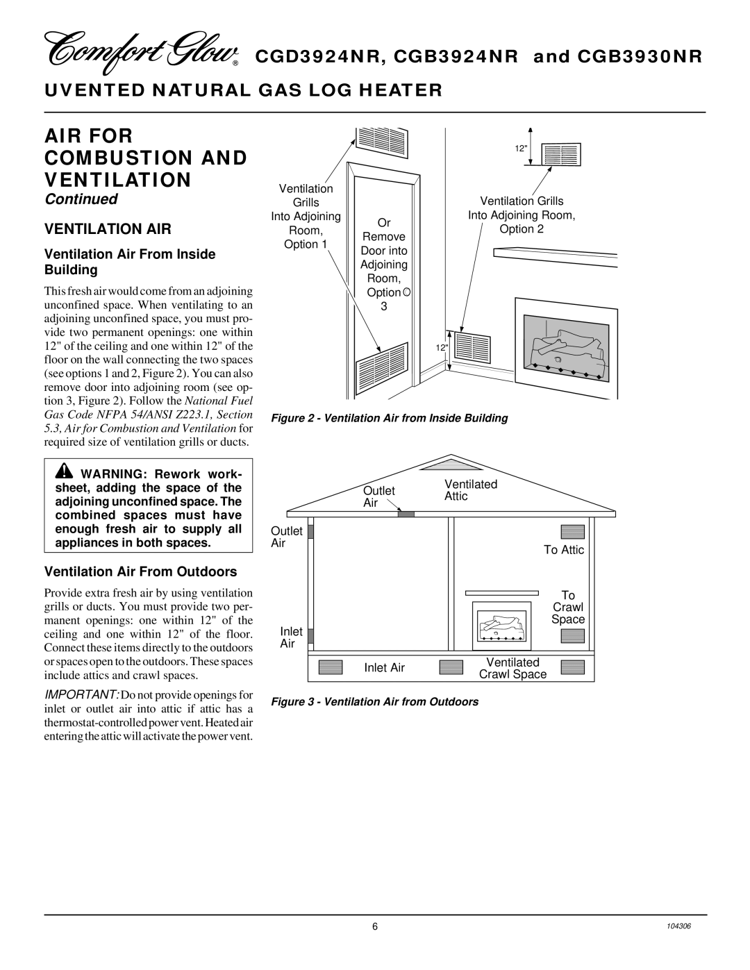 Desa CGB3930NR, CGB3924NR Ventilation AIR, Ventilation Air From Inside Building, Ventilation Air From Outdoors 