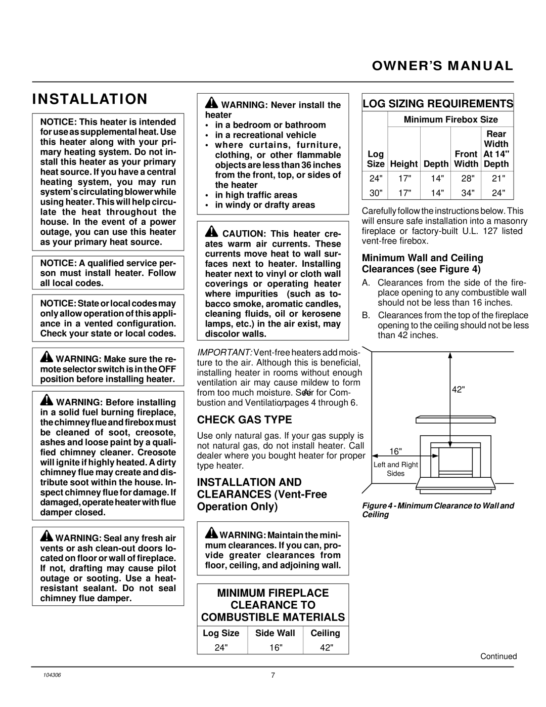 Desa CGB3924NR Installation, LOG Sizing Requirements, Check GAS Type, Minimum Fireplace Clearance to Combustible Materials 