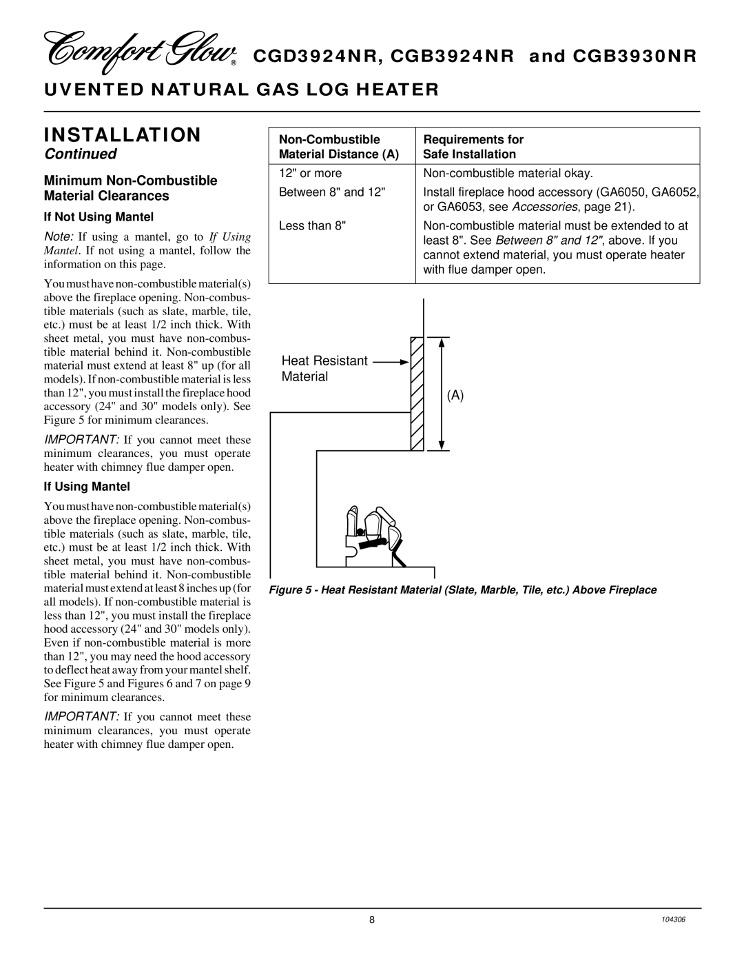 Desa CGB3930NR, CGB3924NR Minimum Non-Combustible Material Clearances, If Not Using Mantel, If Using Mantel 