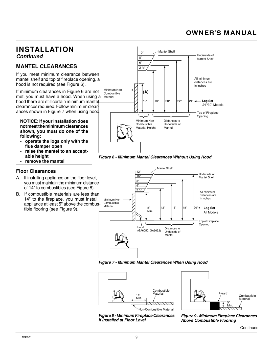 Desa CGB3924NR, CGB3930NR installation manual Mantel Clearances, Floor Clearances 