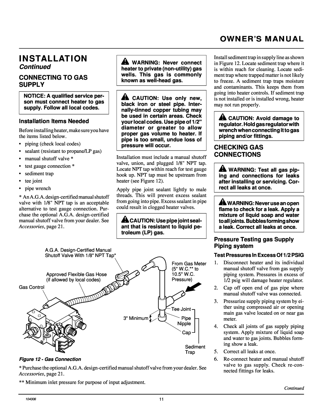 Desa CGB3924NR, CGB3930NR installation manual Connecting To Gas Supply, Checking Gas Connections, Installation, Continued 