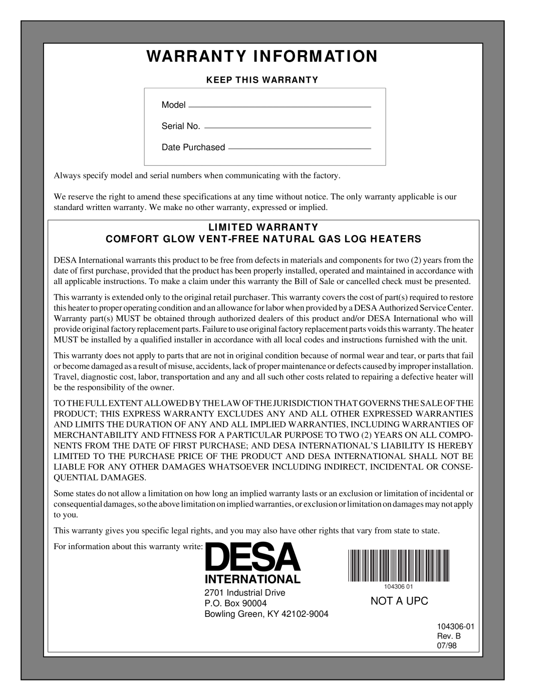 Desa CGB3930NR, CGB3924NR Warranty Information, Limited Warranty, Comfort Glow Vent-Freenatural Gas Log Heaters 