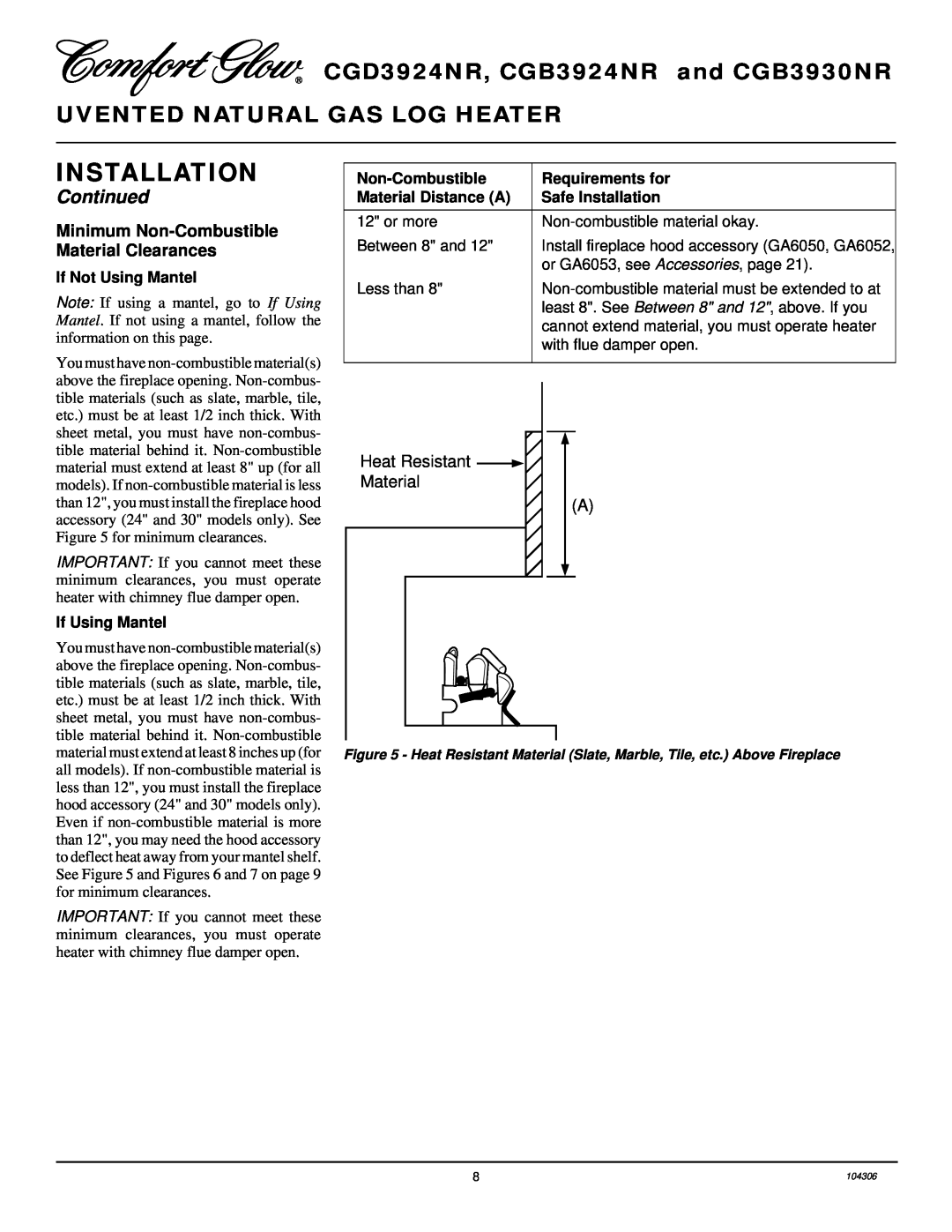 Desa installation manual Installation, CGD3924NR, CGB3924NR and CGB3930NR, Uvented Natural Gas Log Heater, Continued 
