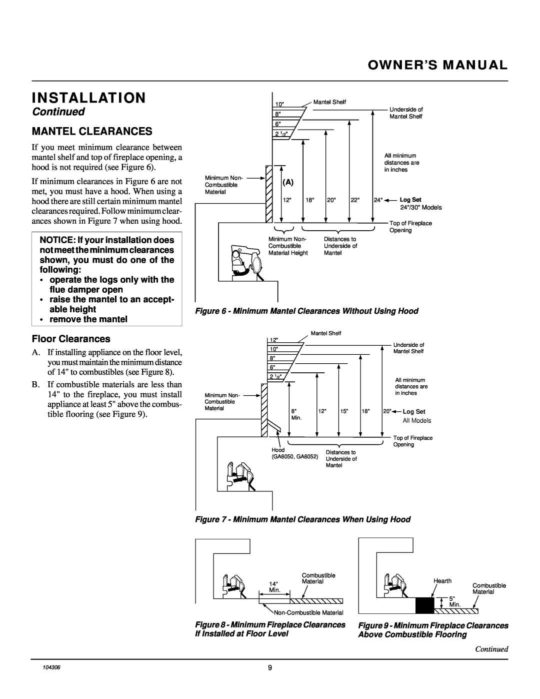 Desa CGB3924NR, CGB3930NR installation manual Mantel Clearances, Installation, Continued, Floor Clearances 