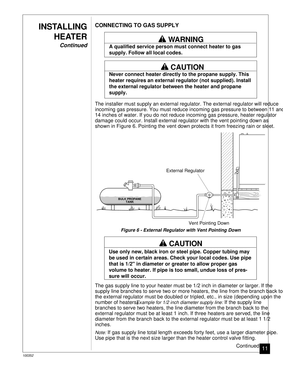 Desa CGB35P, CGB50P installation manual Connecting to GAS Supply, External Regulator with Vent Pointing Down 