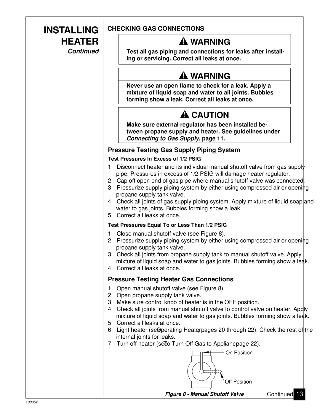 Desa CGB35P, CGB50P installation manual Checking GAS Connections, Pressure Testing Gas Supply Piping System 