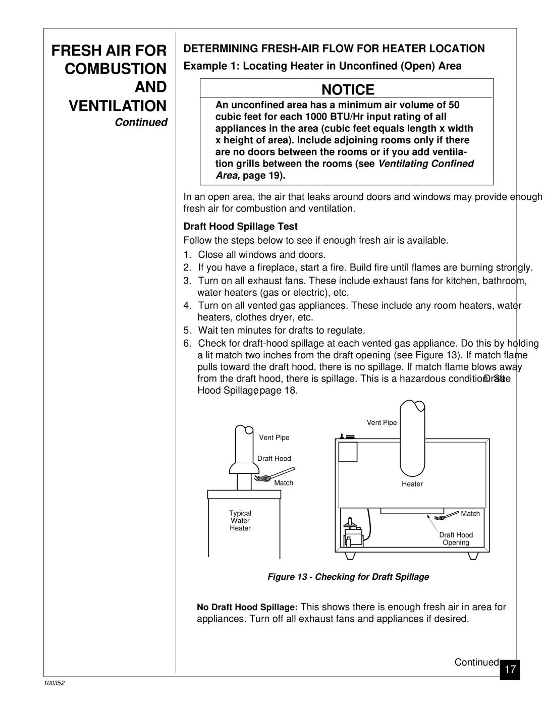 Desa CGB35P, CGB50P installation manual Determining FRESH-AIR Flow for Heater Location, Draft Hood Spillage Test 